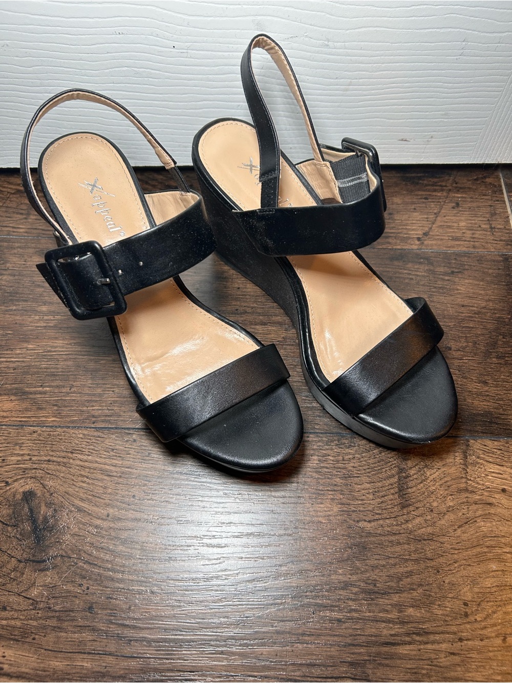 Xappeal Black Slingback Wedge Sandals with Buckle